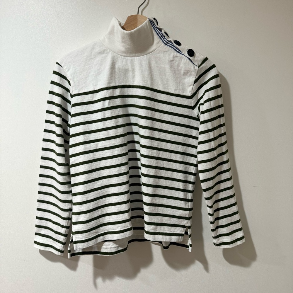 J. Crew XS Green Striped Mockneck Button Long Sleeve Shirt
